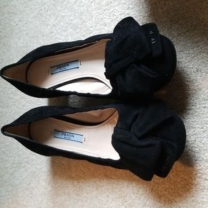 Black Suede Prada Low Heeled Bow Pump, Size 35